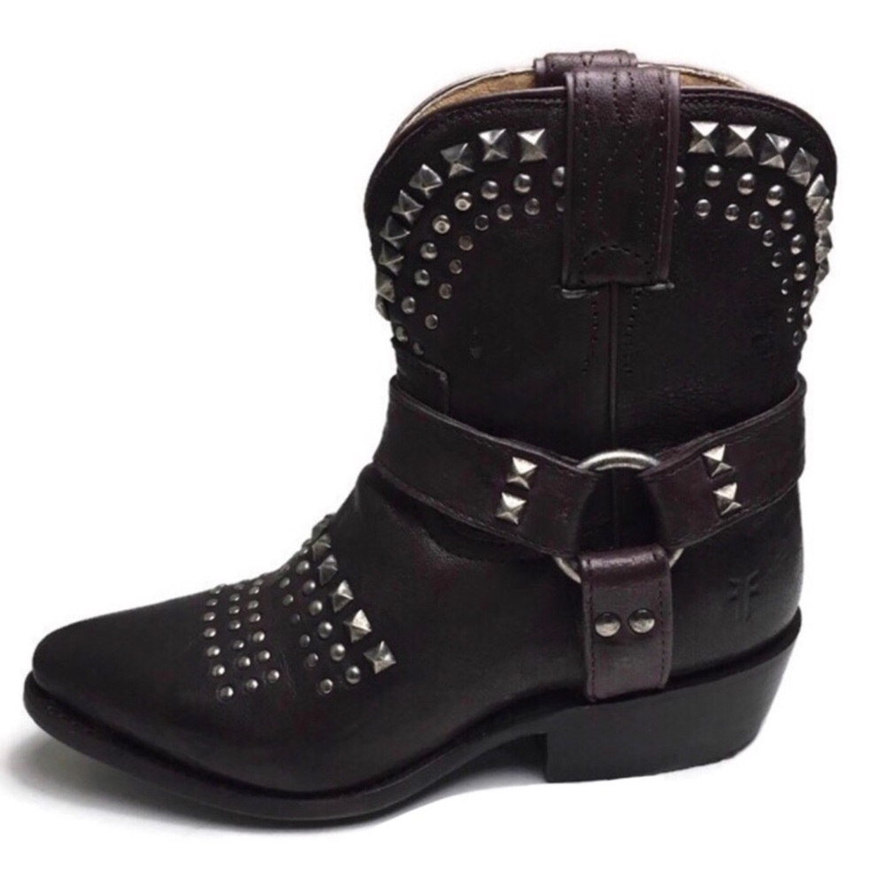 New Frye Billy Biker Short Studded Brown Leather Harness Moto Boots Size 5.5